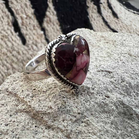 ❤️ Red Dahlia Kingman Turquoise 925 Heart Ring Navajo Southwestern Adj 6.8G - Picture 3 of 15